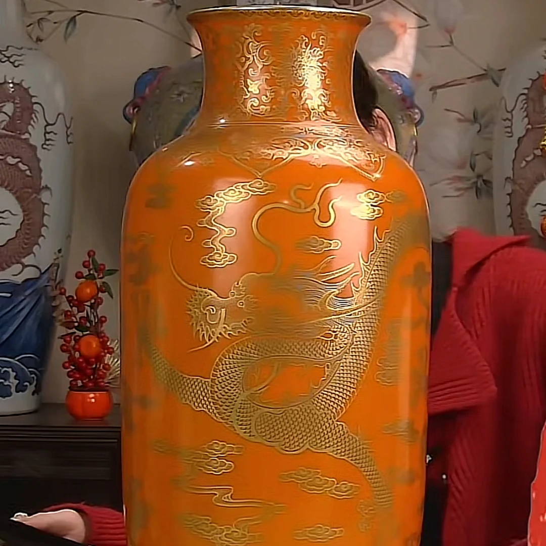 收藏/古玩清矾红描金云龙纹冬瓜瓶