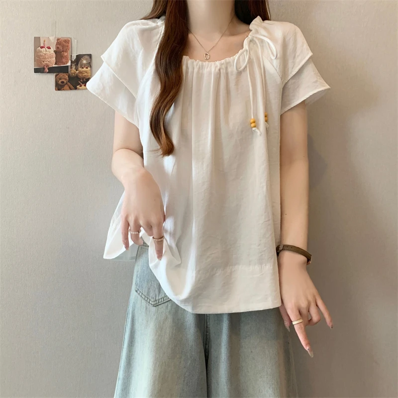 设计感甜美雪纺短袖衬衫女夏季新款大码胖mm显瘦遮肉上衣正肩T恤