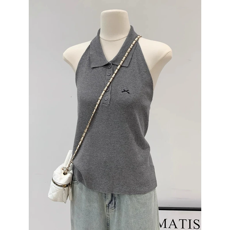 灰色纯辣妹风POLO领无袖打底背心女2025夏季新款修身显瘦短款上衣