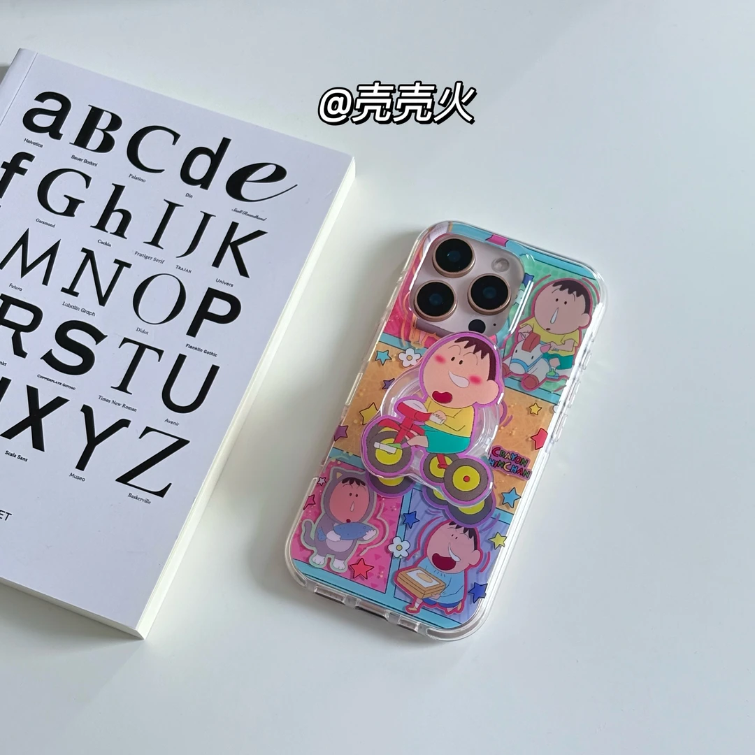 可爱彩色格拼接骑车鼻涕阿呆支架适用苹果16手机壳iphone15新款14