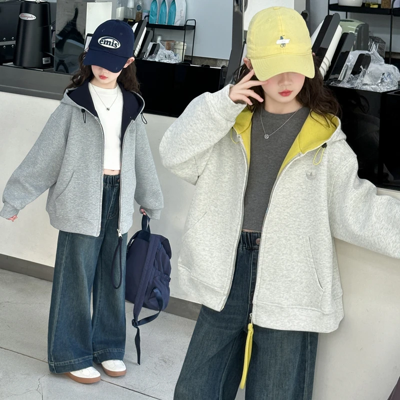 女童拼色连帽外套春秋款2025新款儿童秋季韩版百搭褂子中大童衣服