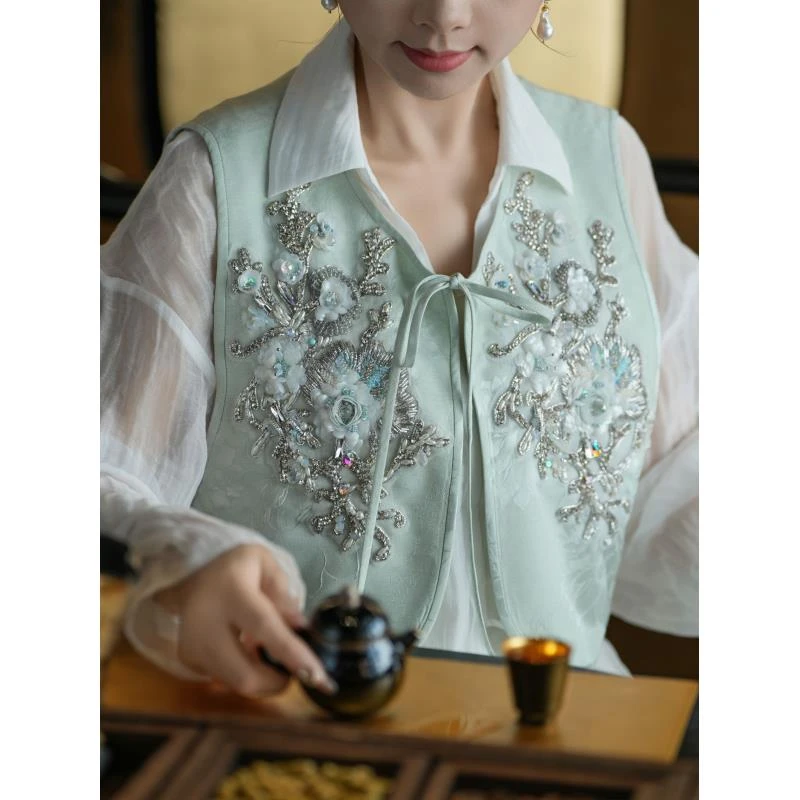 爱妃原创【烟青】新中式中国风时尚绣花马甲印花包裙两件套86712