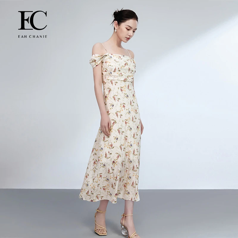 【商场同款】奕辰2025夏新款风碎花桑蚕丝吊带连衣裙长裙9828YL303