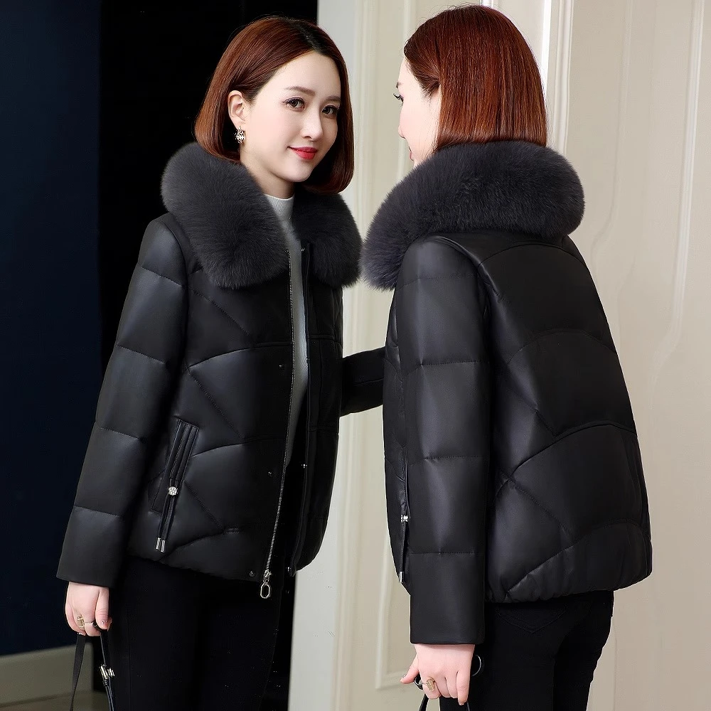 海宁真皮羽绒服女2025冬季新款狐狸毛领短款绵羊皮妈妈小个子外套