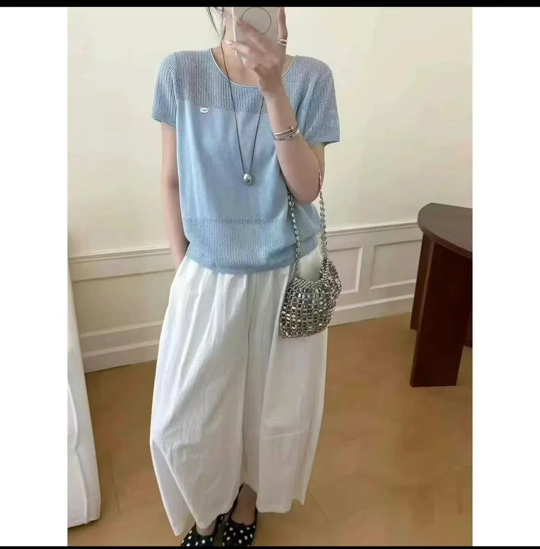 2025夏季新款大码短袖气质百搭显瘦针织衫镂空透气冰丝上衣G635#