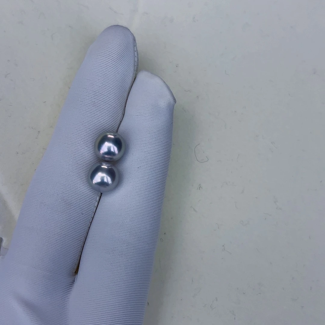 海水珍珠海水akoya真多麻色耳钉8.5-9mm18K金镶嵌