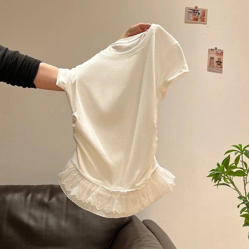 蕾丝花边拼接设计感小众上衣女夏季新款正肩收腰抽褶修身短袖t恤