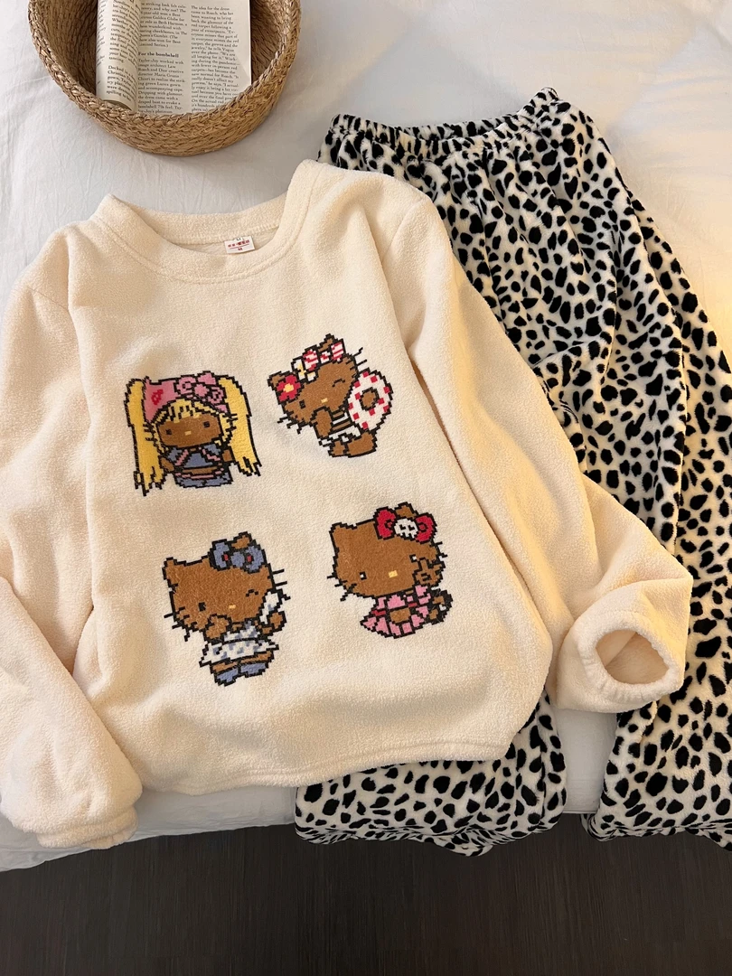 韩版慵懒感卡通凯蒂猫印花珊瑚绒睡衣女秋冬新款家居服套装可外穿