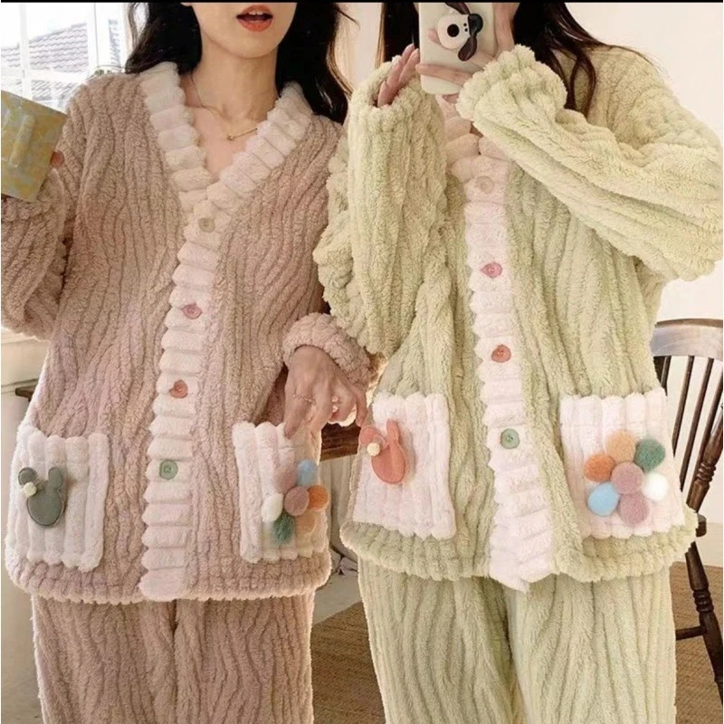 开衫两件套睡袍女冬季珊瑚绒双面加厚睡衣保暖家居服甜美暖暖