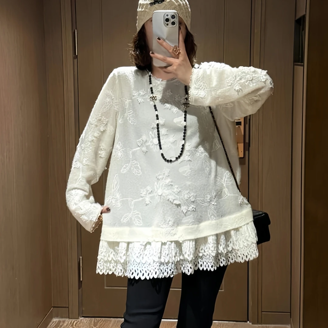 立体钩花刺绣拼接蕾丝T恤女2025秋季新款大码胖MM甜美减龄上衣潮