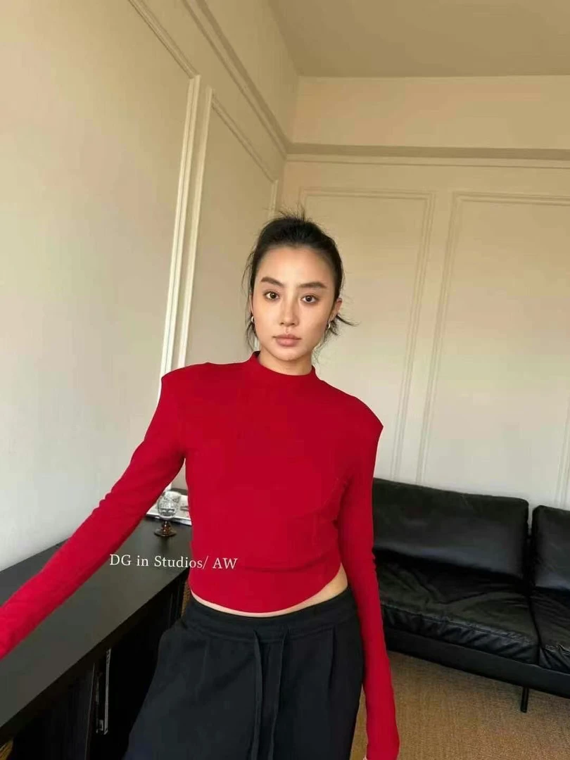 新款新年红色短款修身打底衫冬款中领