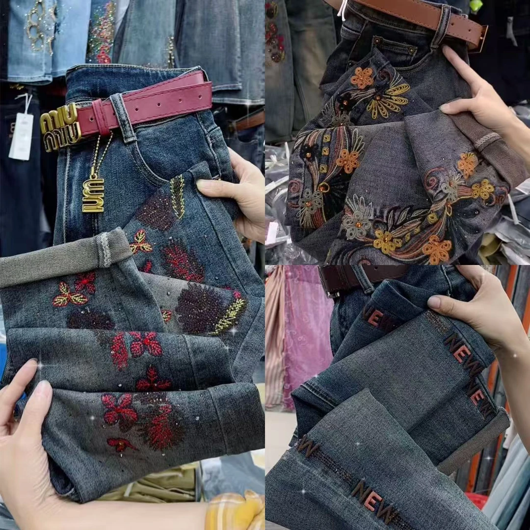 5373新款高腰弹力重工刺绣烫钻复古显瘦牛仔裤