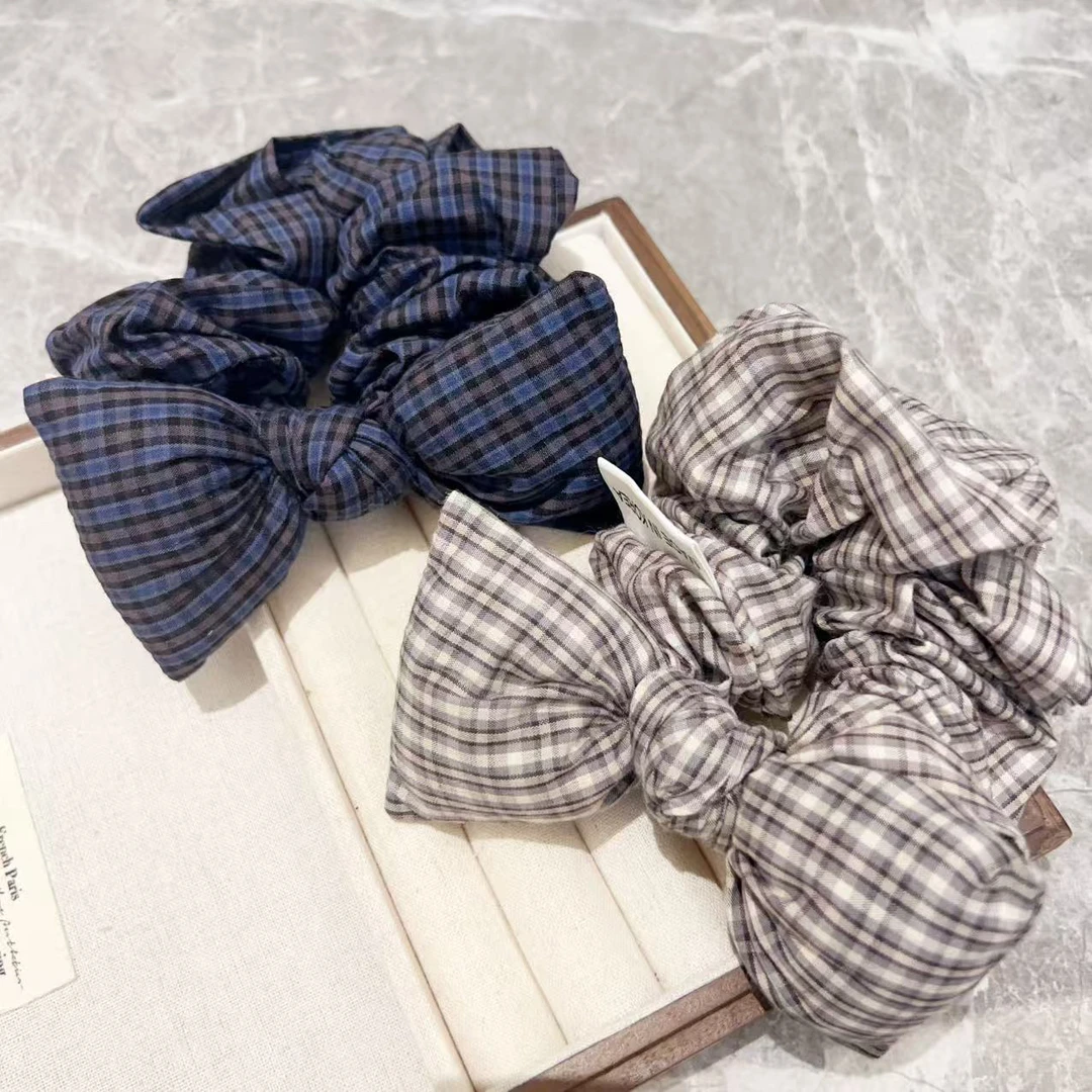 复古格纹立体蝴蝶结肠圈发圈J2170