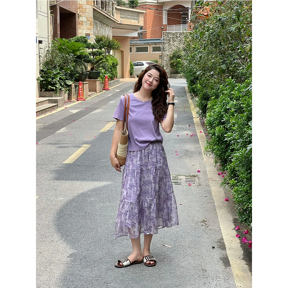 WenWen小个子韩版紫色短袖T恤上衣+时尚印花高腰半身裙3726