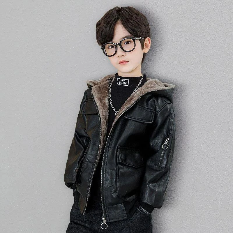 儿童童装冬季冬款加绒加厚洋气帅气韩版保暖小童中大童男童皮衣皮