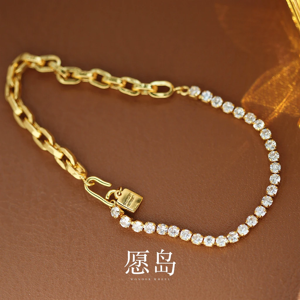 愿岛 黄铜合成锆石手链 法式气质时尚金属链条锆石镶嵌手链SL1019