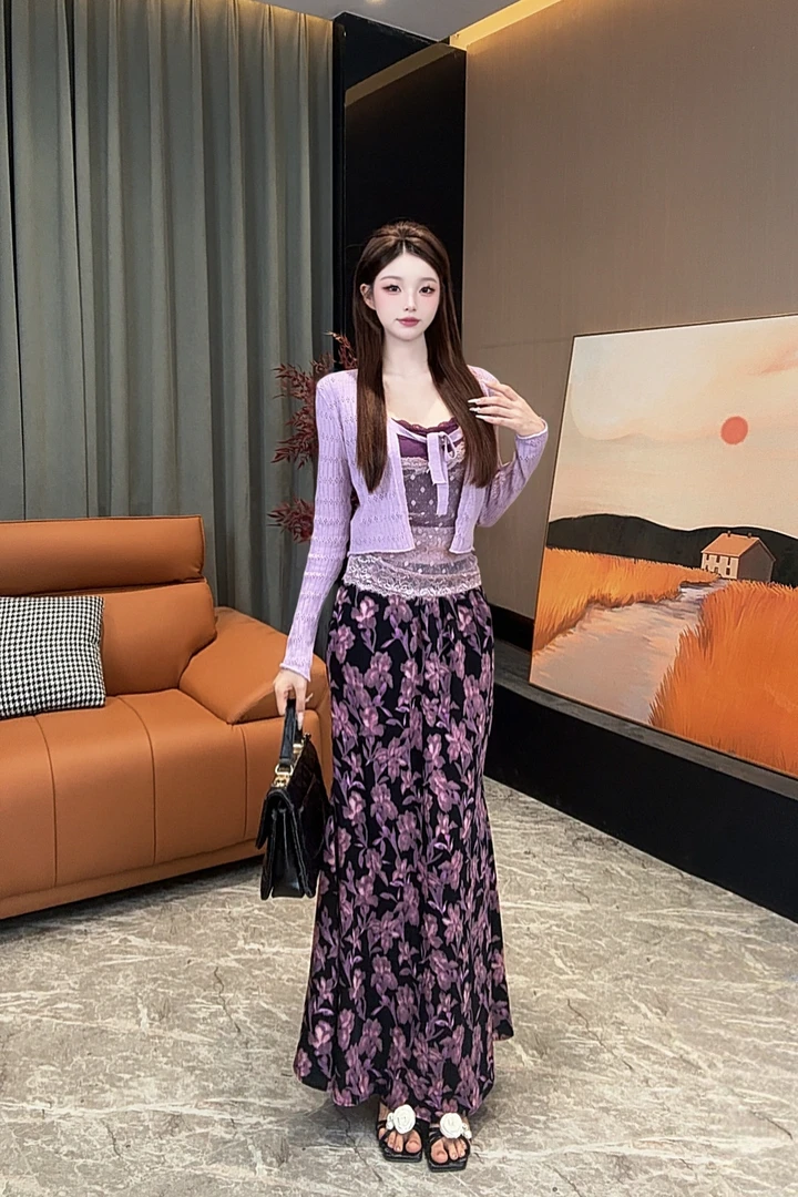 欧欧定制--[PT33]纯欲撞色蕾丝百搭吊带外穿开衫俩件套