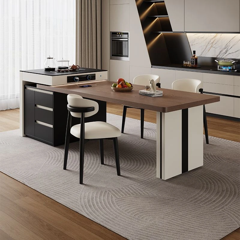 简约实木岩板岛台餐桌家用小户型一体可伸缩多功能储物吃饭桌子的