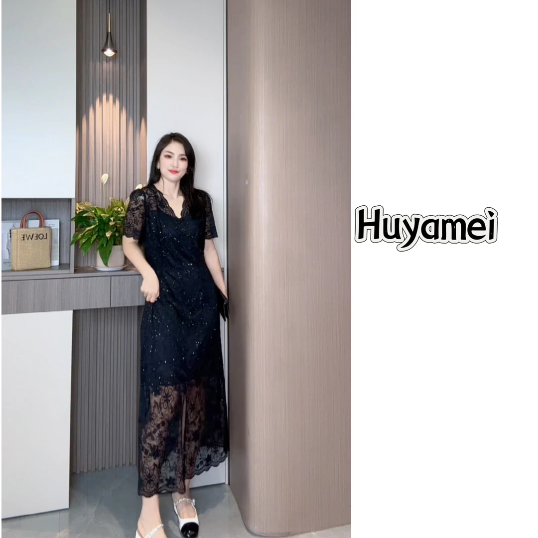 夏季新款收腰显瘦高级感重工刺绣蕾丝中长连衣裙