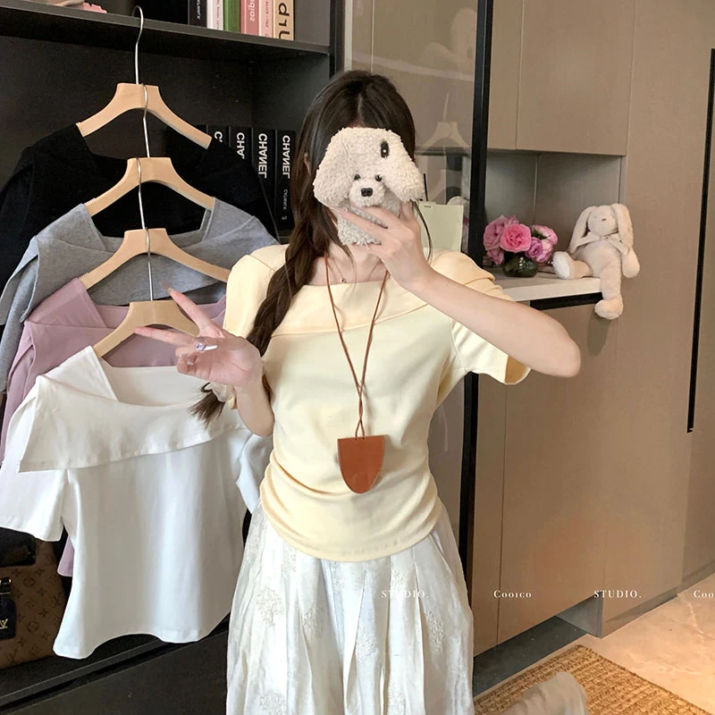 【6531桃】大码女装胖mm欧若风纯欲一字肩短袖T恤单穿上衣