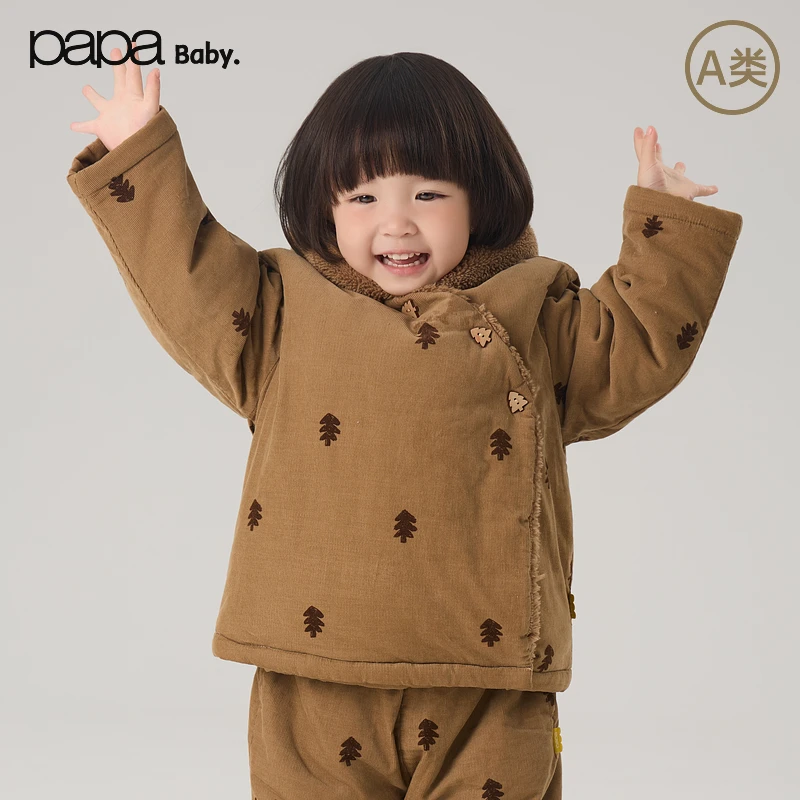 爬爬papa冬款宝宝一片式连帽造型款棉服保暖满印幼童上衣