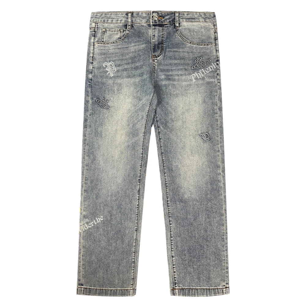 春夏新款男士蓝色休闲弹力烫钻直筒百搭水洗牛仔裤-8267