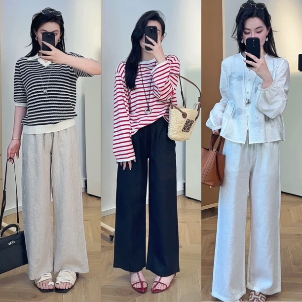 杰瑞【雾漫白茶】老钱松弛感全亚麻长裤女夏宽松直筒阔腿休闲裤子