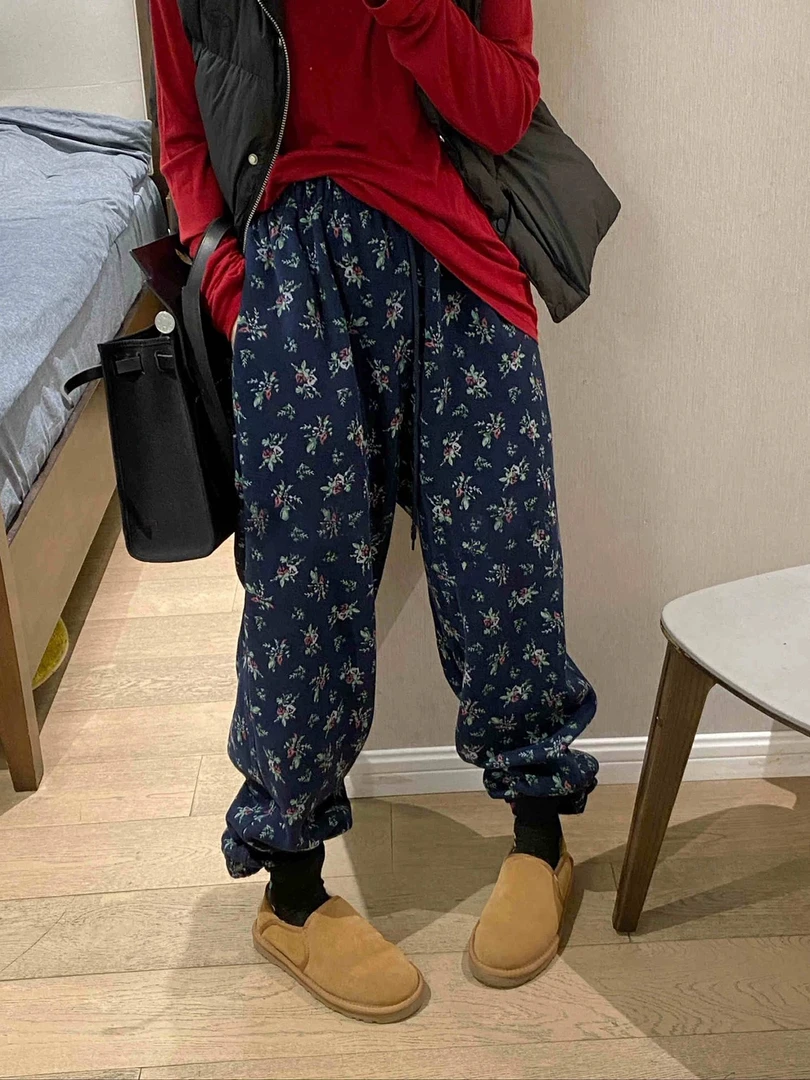 松紧腰抽绳新碎花加绒休闲裤女宽松显瘦百搭网红运动裤