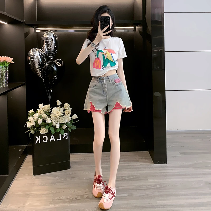 韩版小个子显瘦时尚套装女短袖T恤休闲百搭牛仔短裤减龄两件套
