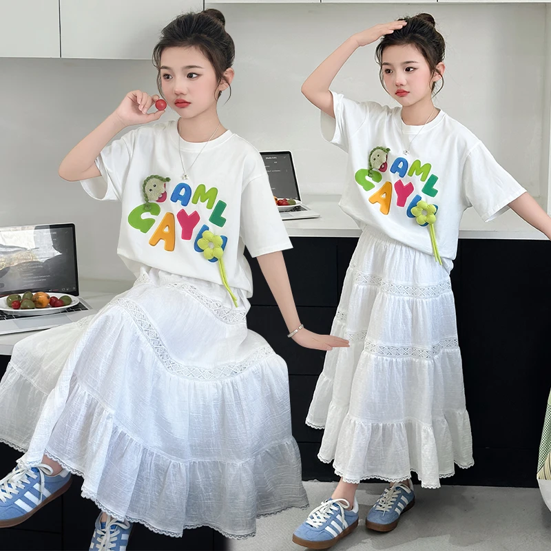 女童夏款T恤套装中大童洋气休闲挂件太阳花短袖百褶半身公主裙子