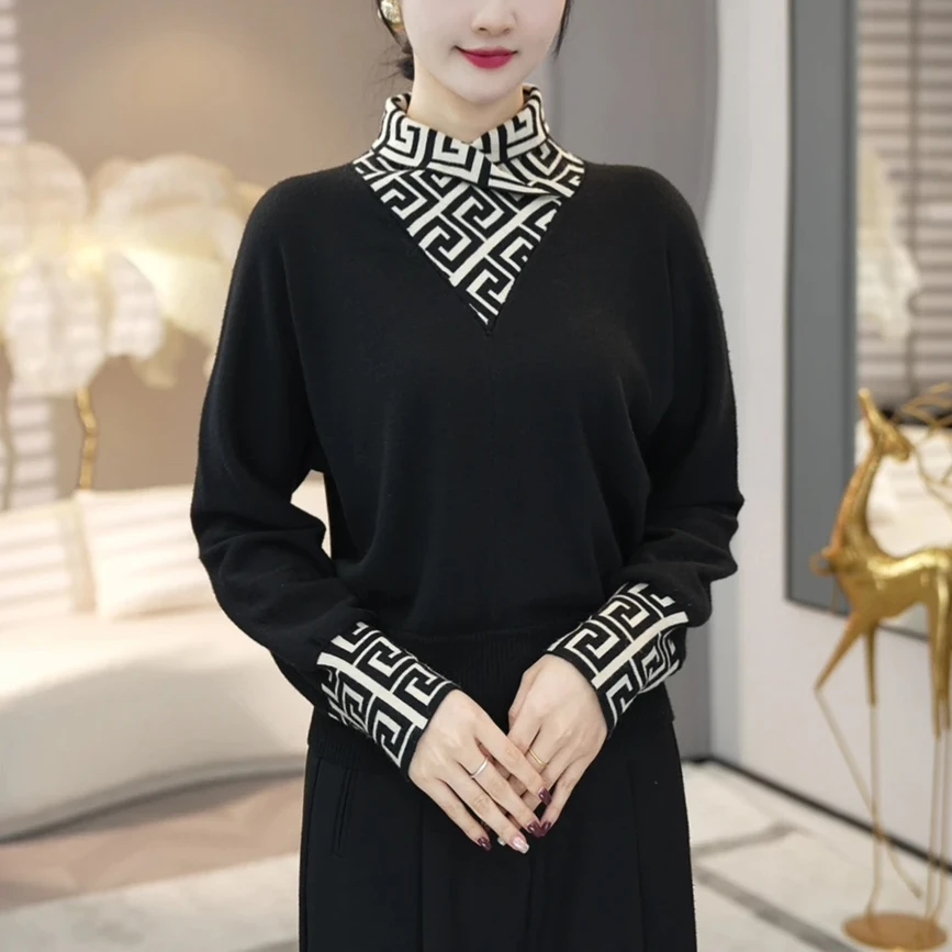 2024冬季新款保暖打底衫女格纹半高领拼接长袖气质减龄显瘦上衣服