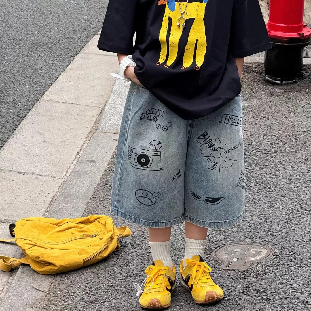 6/20夏季新款韩版男童时尚百搭涂鸦卡通牛仔裤