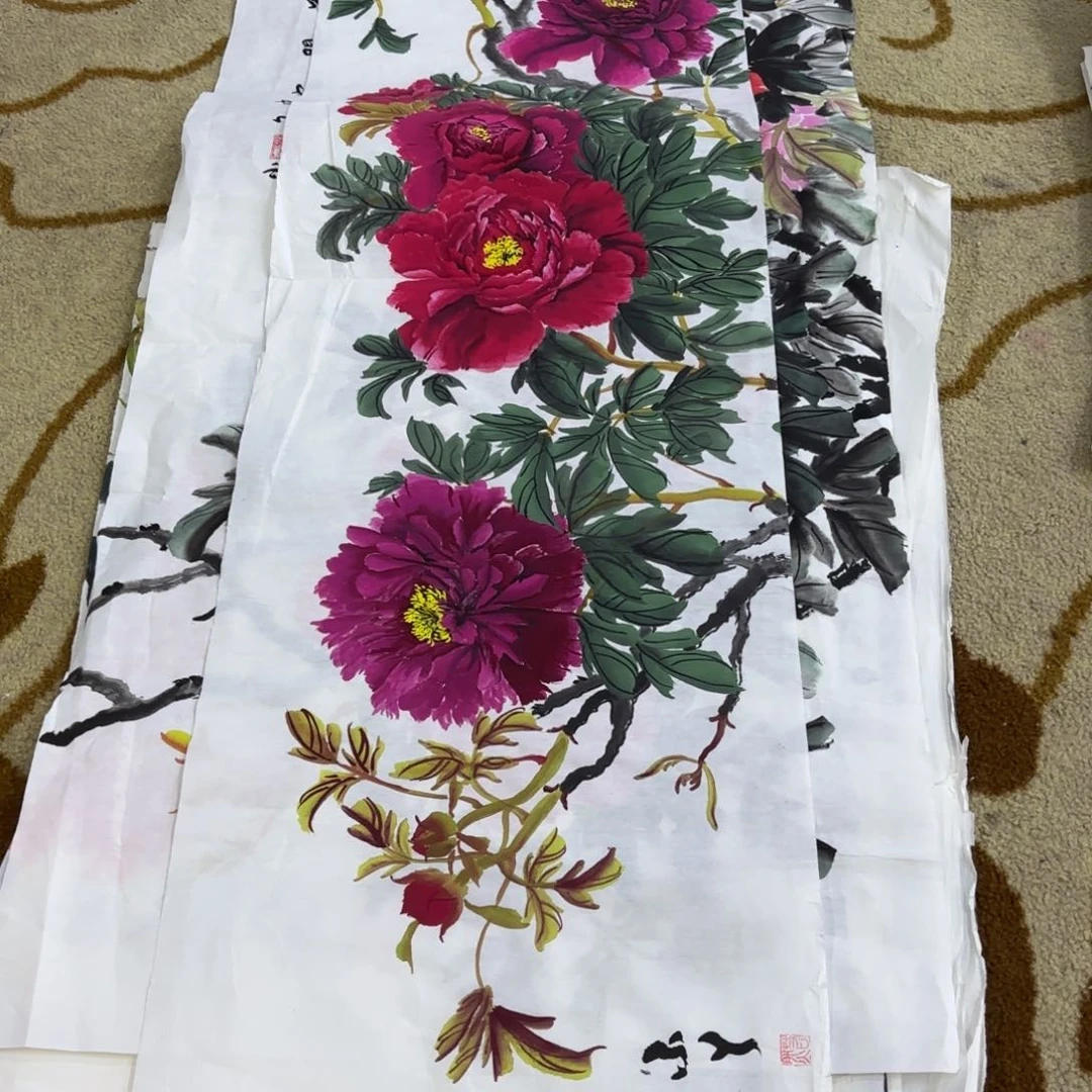 国画四尺对开花鸟童