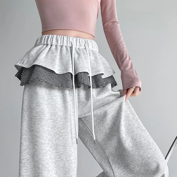 日系格纹花边裙摆拼接休闲裤女春秋季芭蕾风裙裤高腰垂感阔腿卫裤