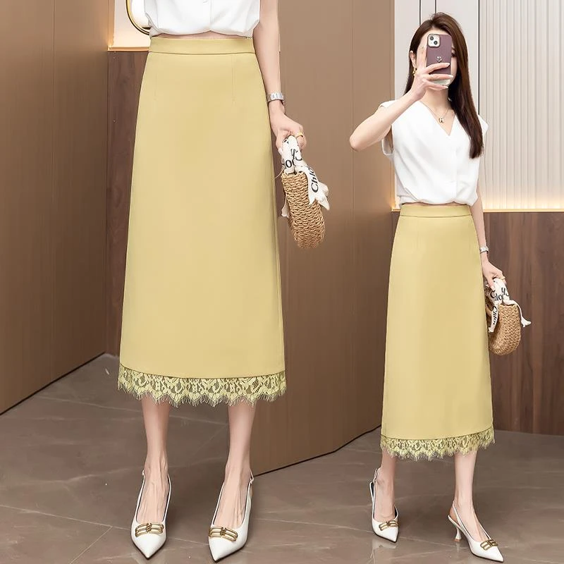 蕾丝花边半身裙女夏季2025新款气质高腰中长款开叉西装包臀一步裙