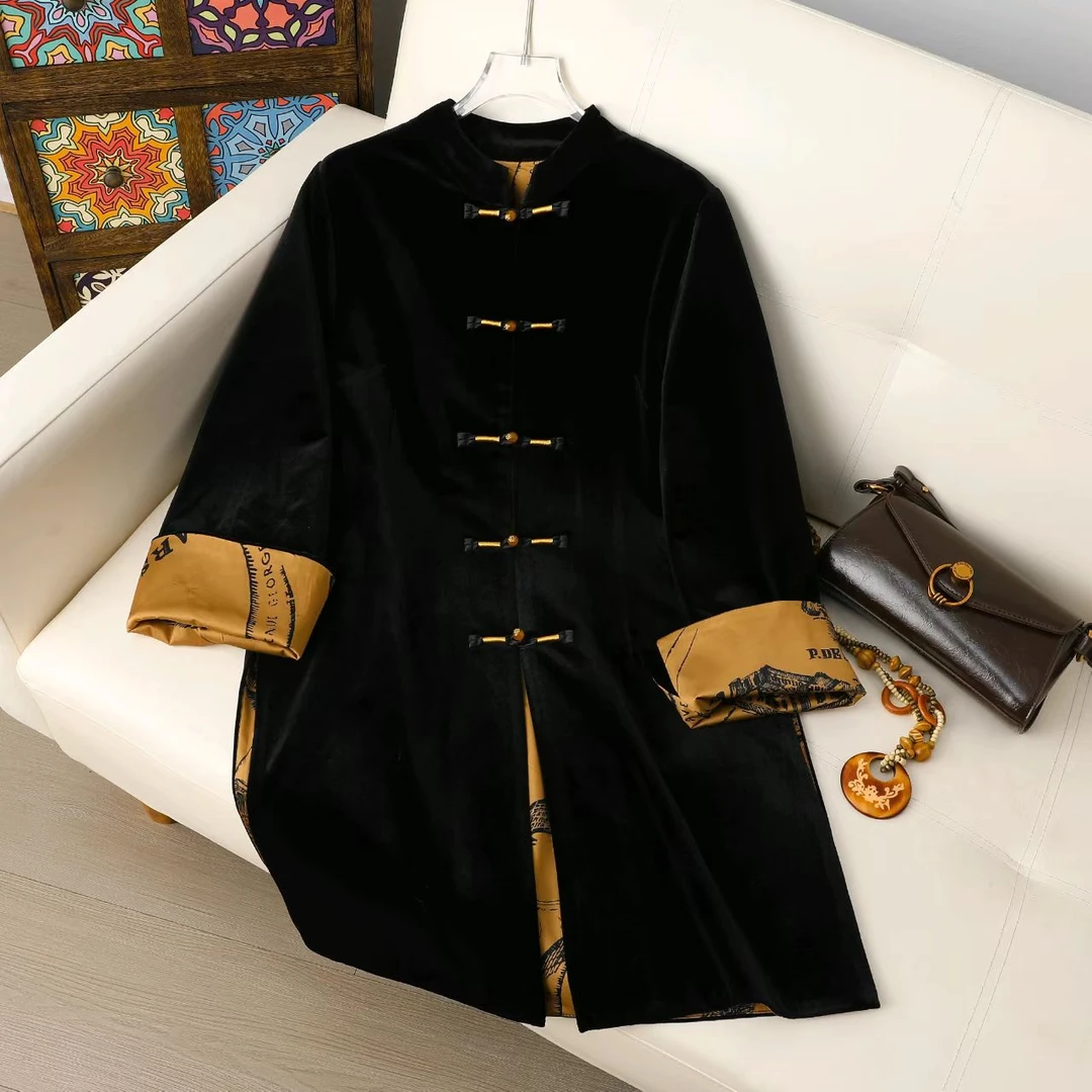 【盘扣外套】中长款秋冬新款盘扣立领国风时尚洋气长袖拼接开衫外套