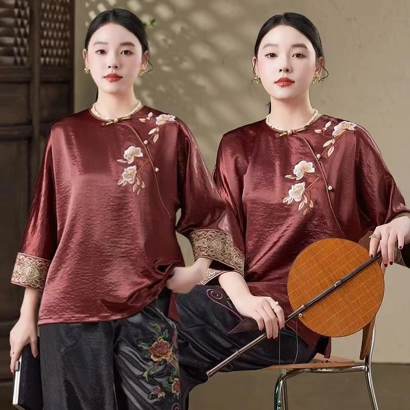 『达人优选』牡丹上衣 2025新款衬衣江南新中式缎面衬衫女国风上衣