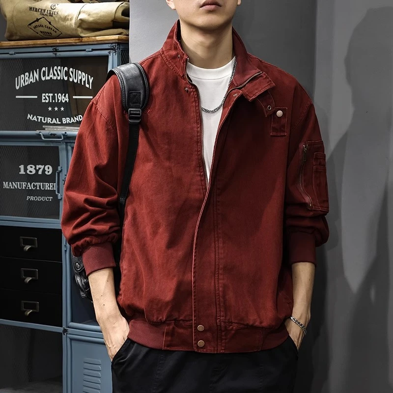 追属秋季休闲红色工装男夹克美式上衣本命年衣服春秋刺绣男款外套