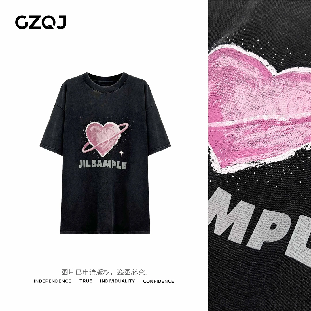 GZQJ【粉爱心T】小众设计感做旧宽松短袖T恤女夏圆领显瘦上衣633