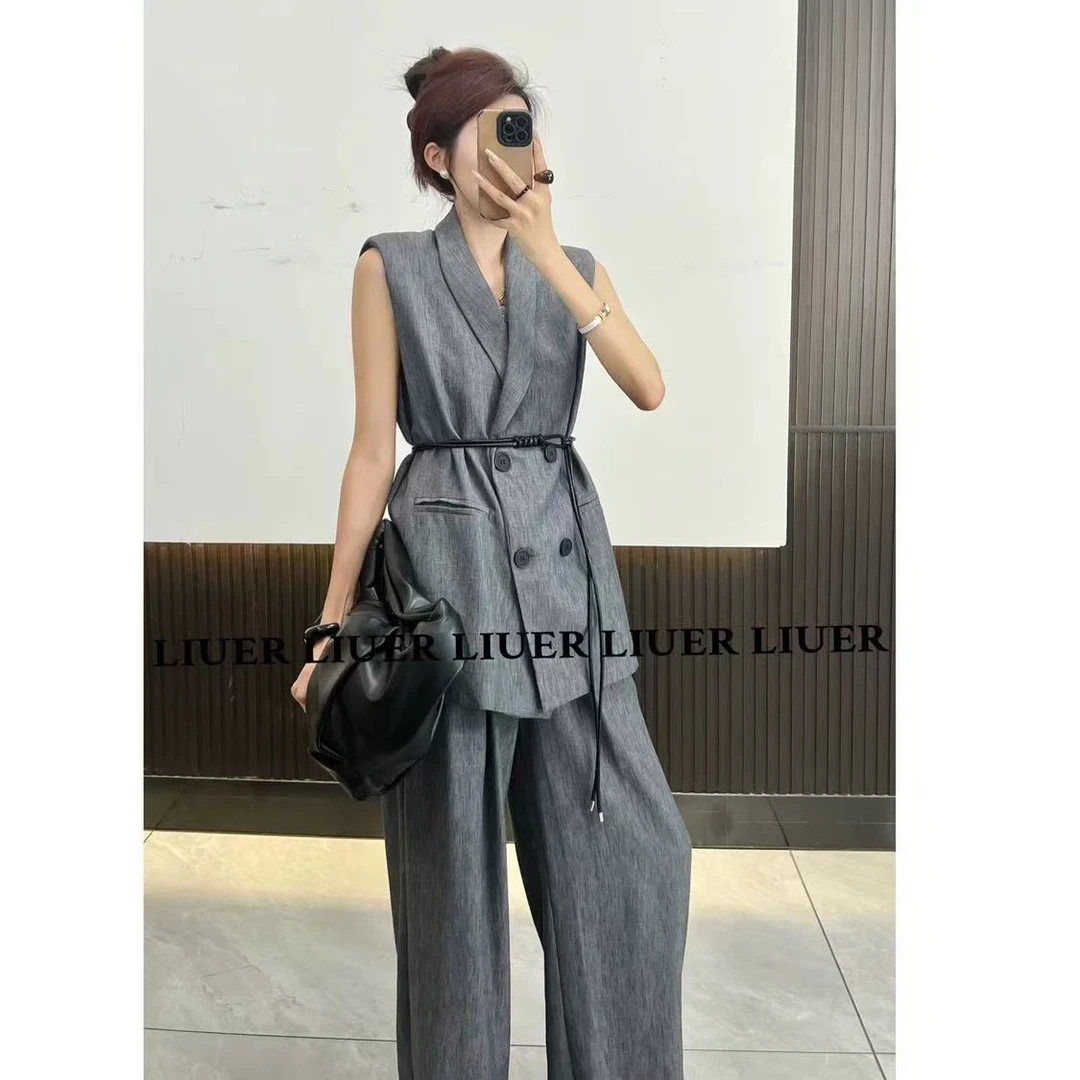 高级西装马甲外套阔腿裤套装女2025夏季新款时尚系腰带显瘦两件套
