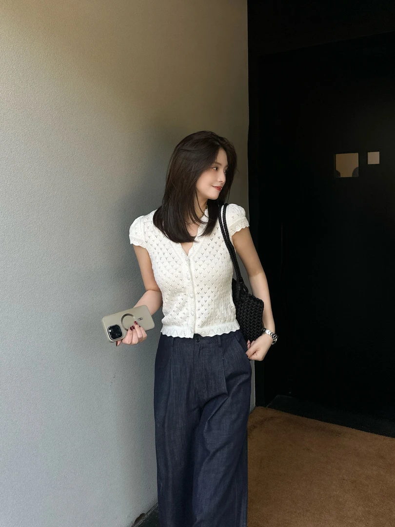 LUOZHIYIN/罗知音T612745TF镂空短袖夏季针织衫T恤