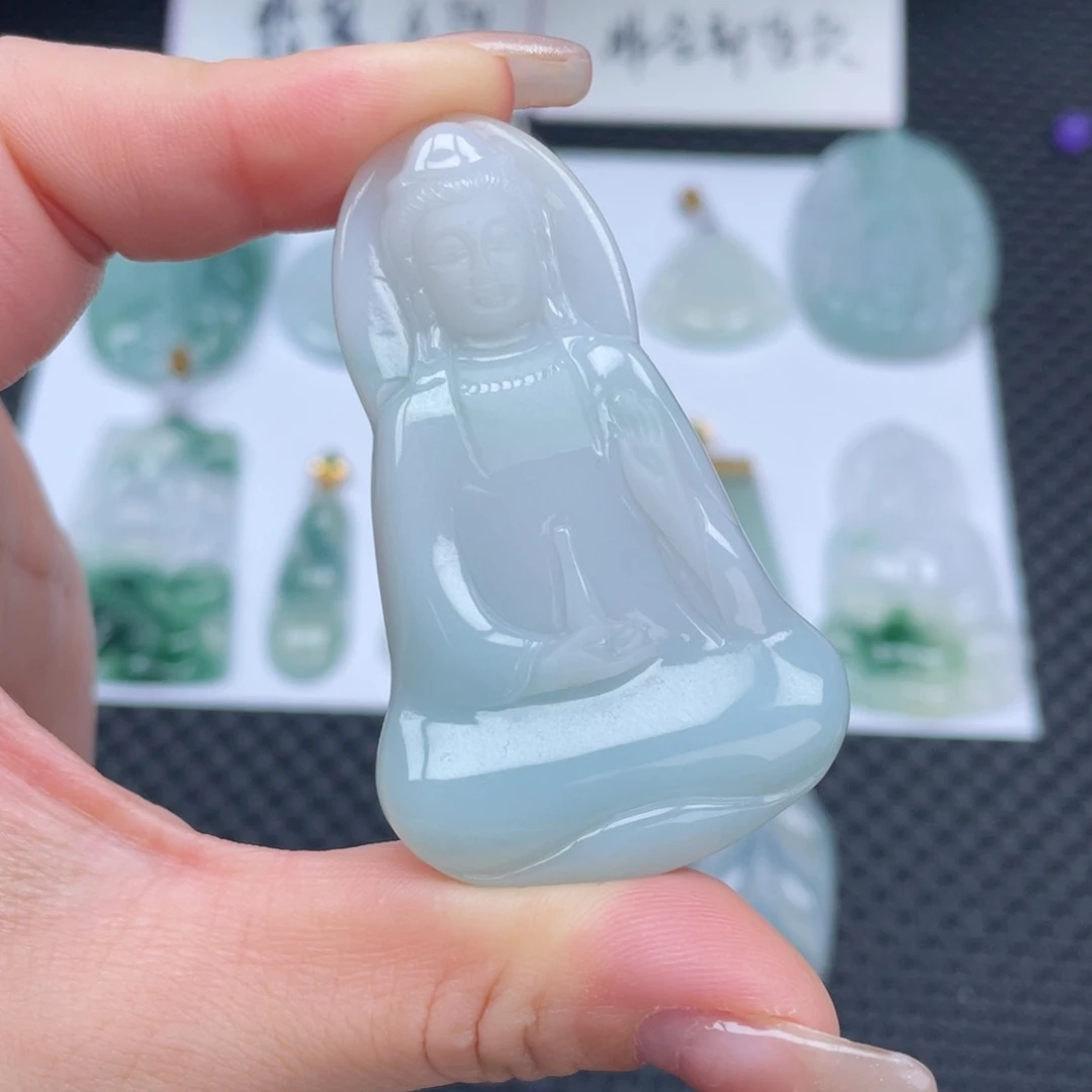 翡翠颈饰未镶嵌天然缅甸翡翠A货吊坠素衣飘花观音