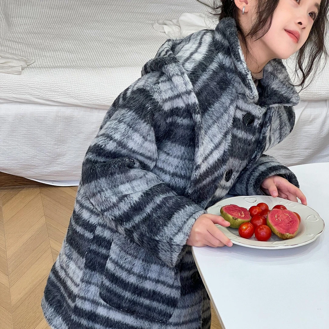 905【希】女童韩版学院风连帽格子加棉大衣外套-3531