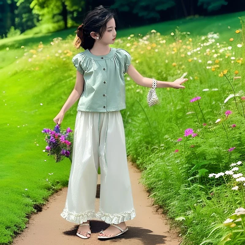 女童夏装阔腿裤套装2025新款儿童洋气时尚短袖衬衫宽松夏季两件套