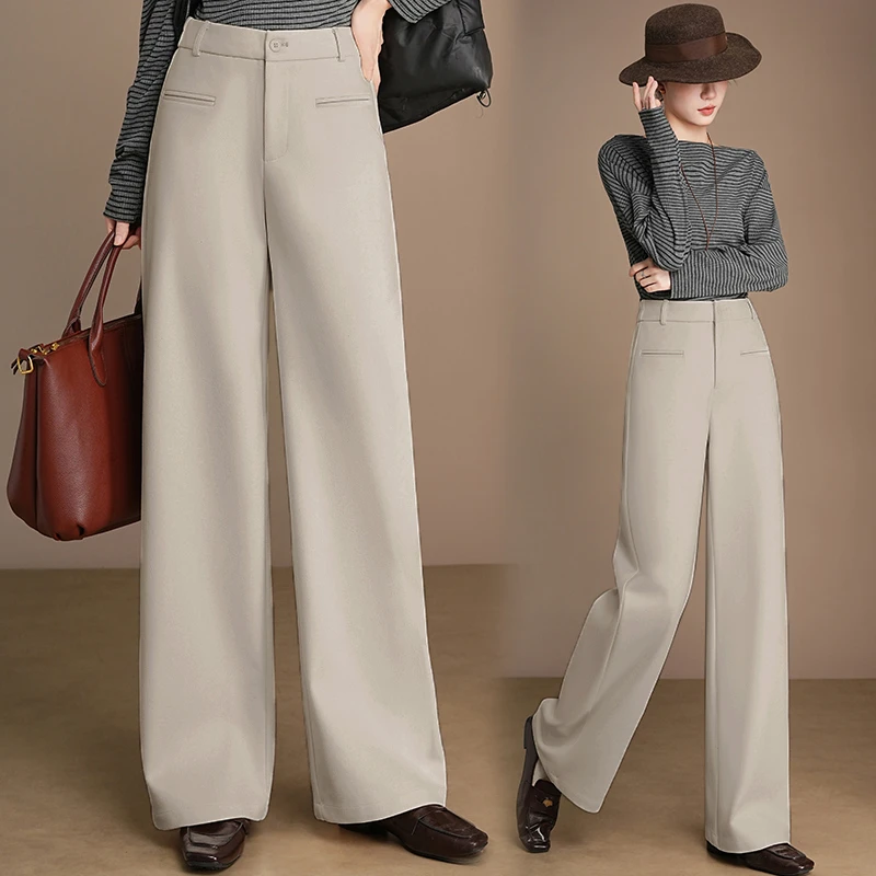 琥珀流光 秋冬季绵羊毛呢 窄版直筒女裤 高腰垂感 气质优雅  b859