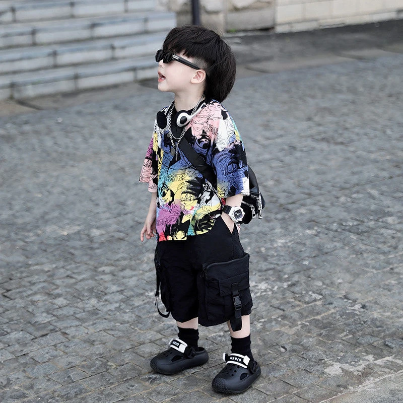 女童中大童时尚跑步男童宝宝套装2025痞帅运动彩色洋气6T恤两件套