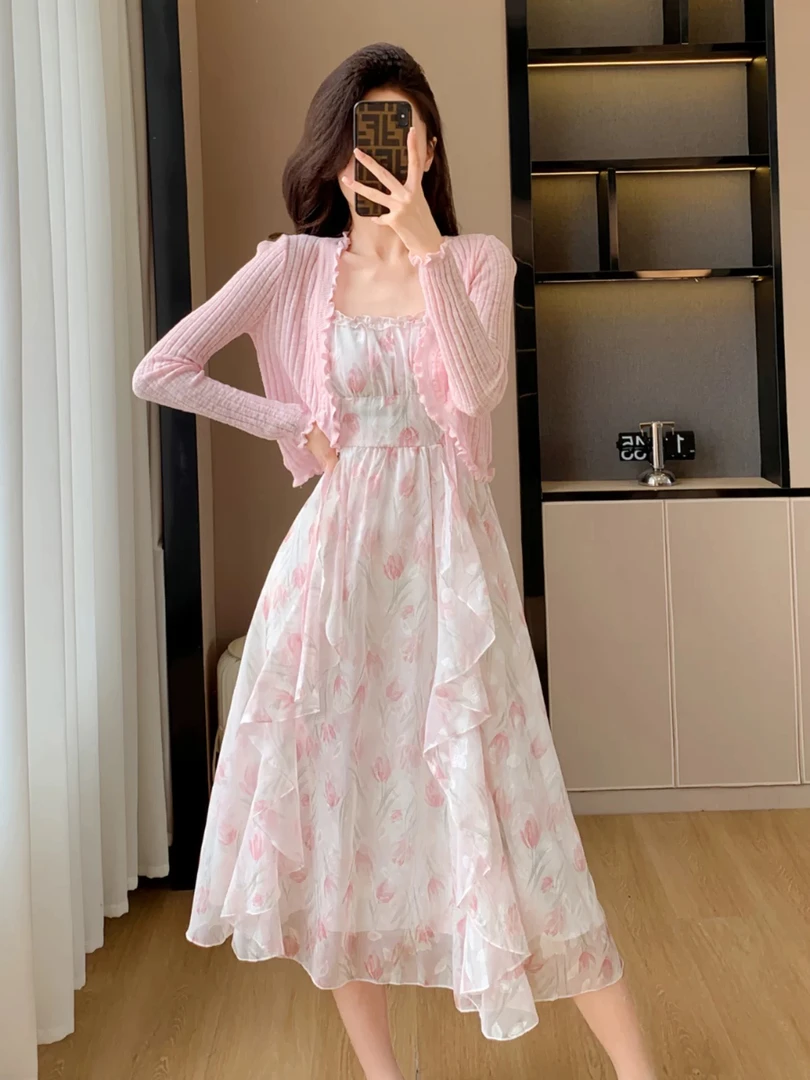 737森系开衫时尚套装套装连衣裙收腰甜美温柔风裙子法式少女风