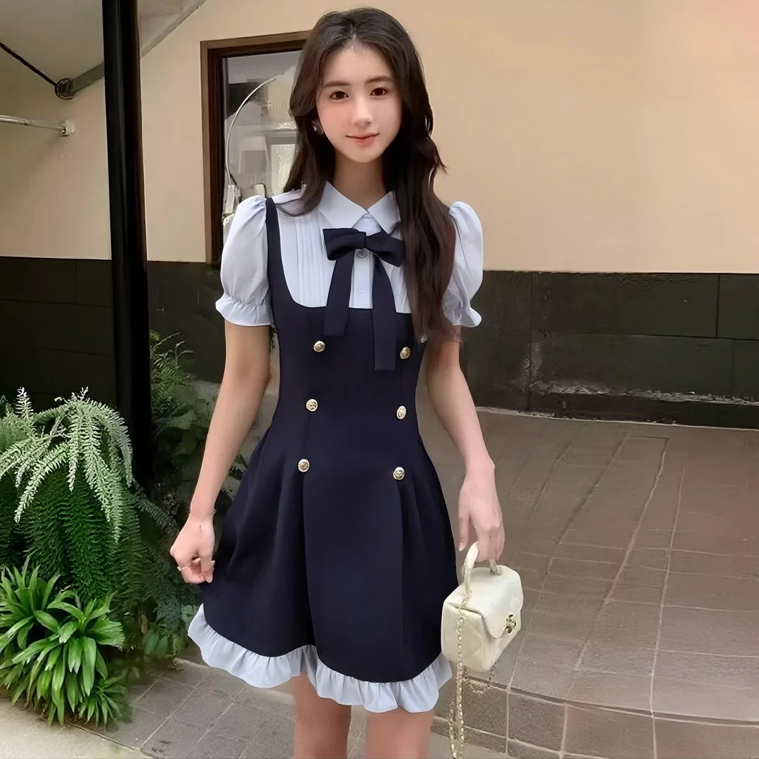 【潘潘】2025夏季甜美学院风假两件泡泡袖背带收腰显瘦连衣裙D2772