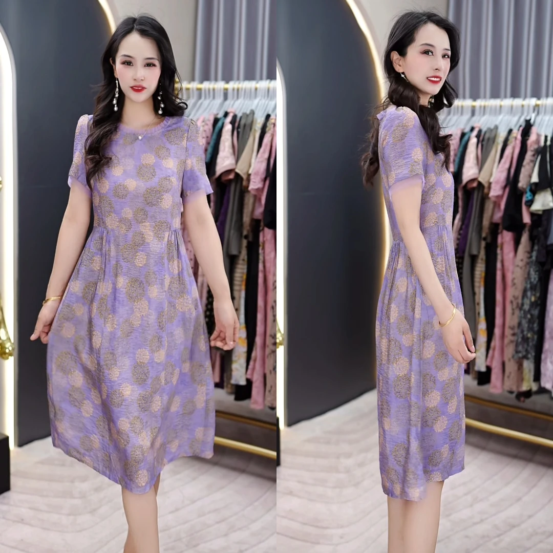 2025时尚气质圆领短袖印花连衣裙女夏季新款洋气垂感显瘦A字裙