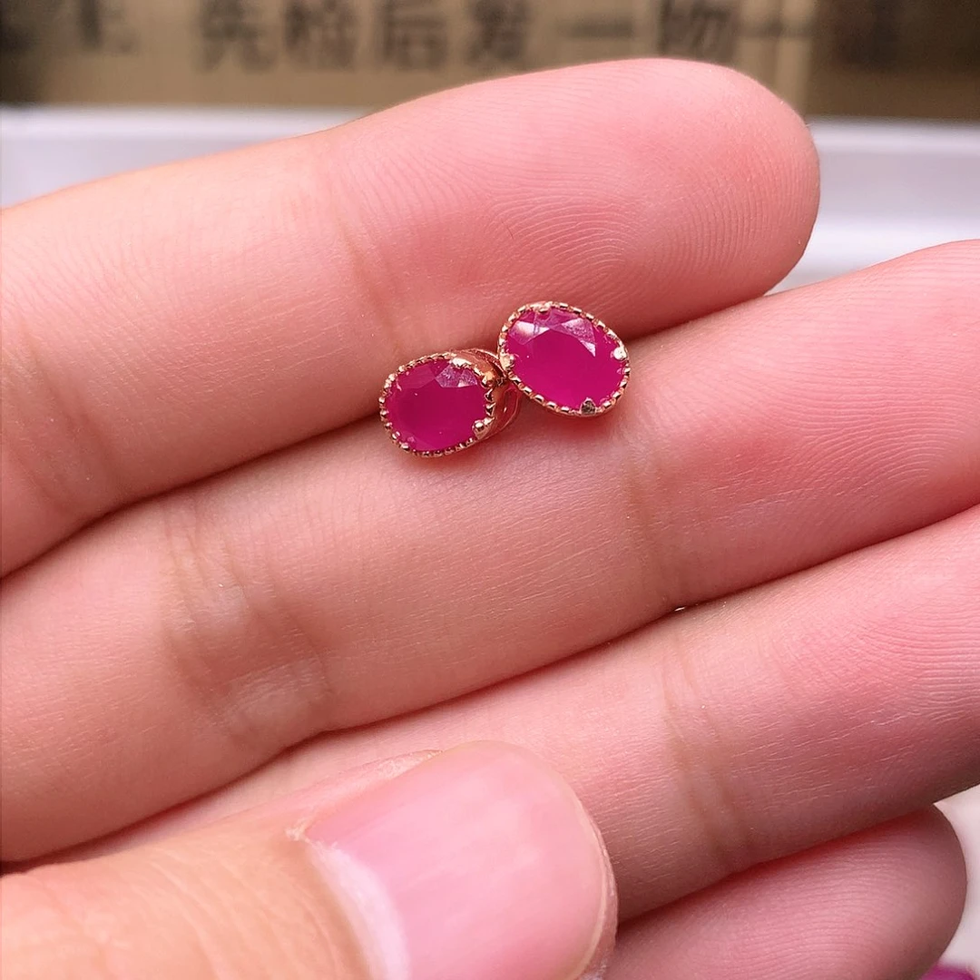 红宝石耳饰银S925镶嵌